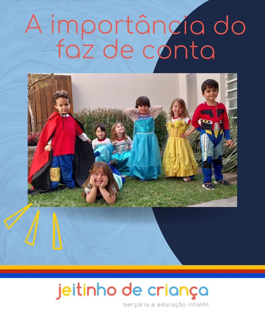 Arte A importância do faz de conta da Escola Jeitinho de Criança com crianças fantasiadas de super-heróis e princesas