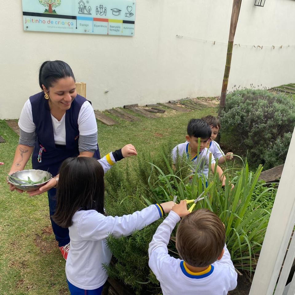 Crianças colhendo erva cidreira na horta da Escola Jeitinho de Criança