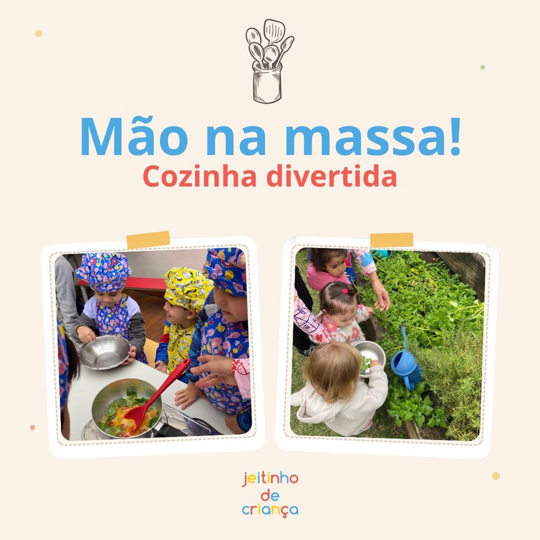 Crianças colhendo ingredientes na horta da Escola Jeitinho de Criança