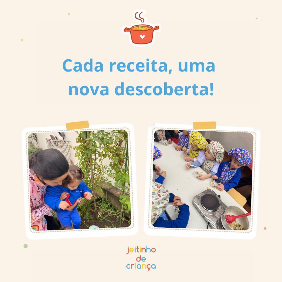 Crianças preparando a receita do dia na Escola Jeitinho de Criança